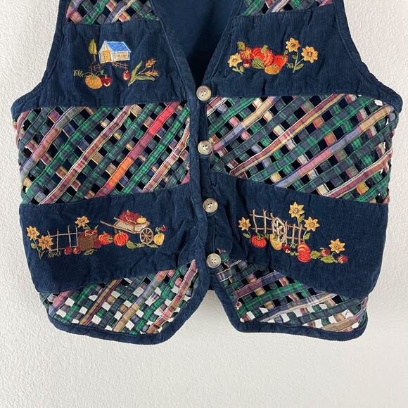 Victoria Jones Lattice Vest Womens MP Blue Embroidered Corduroy Fall Harvest - Picture 3 of 9